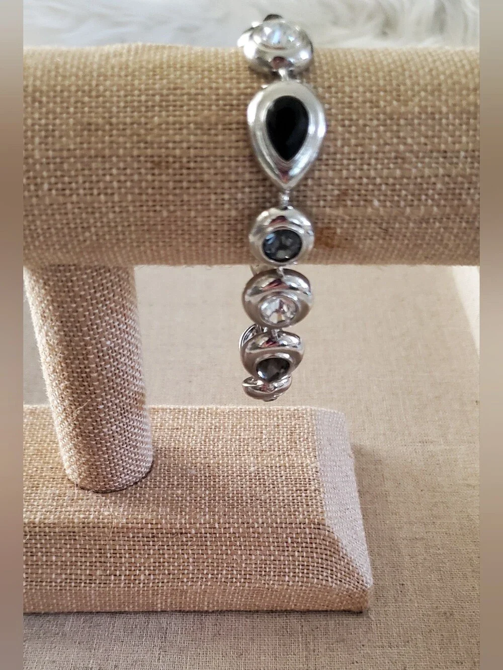 White House Black Market Silver Crystal & Jet Black Gem Magnetic Clasp Bracelet